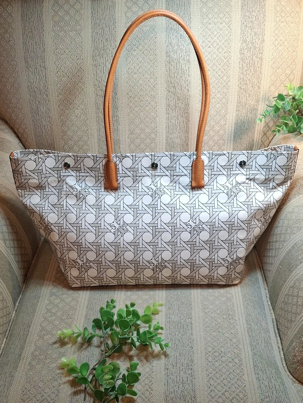 Tory Burch Canvas & Leather Basketweave Large Tote